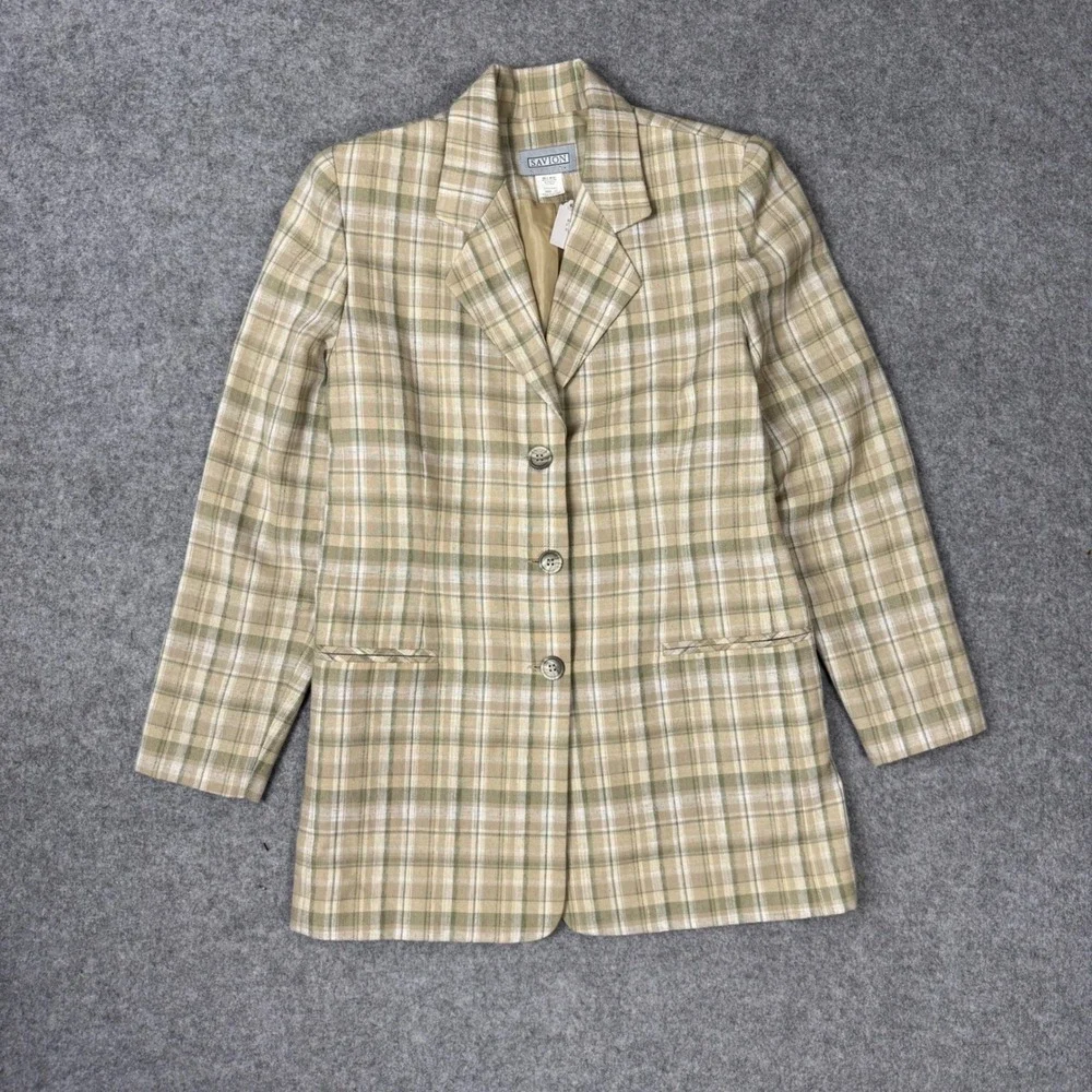 Savion Mens Tan Olive Green Plaid Linen Blend 3-Button Blazer Jacket Size 10